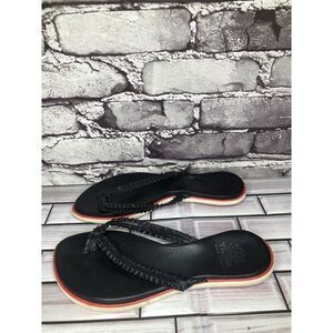 Tiurai Black Leather Thong Flip Flops Slides Kitten Heel Sandals Women’s Sz 37EU